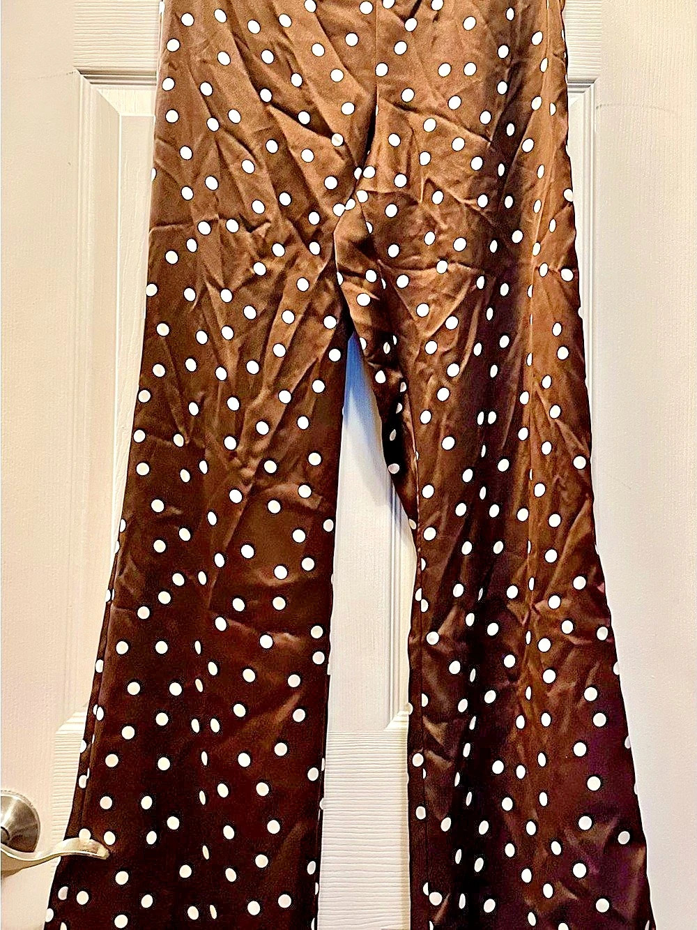Zara brown satin polka dot wide-leg trousers.